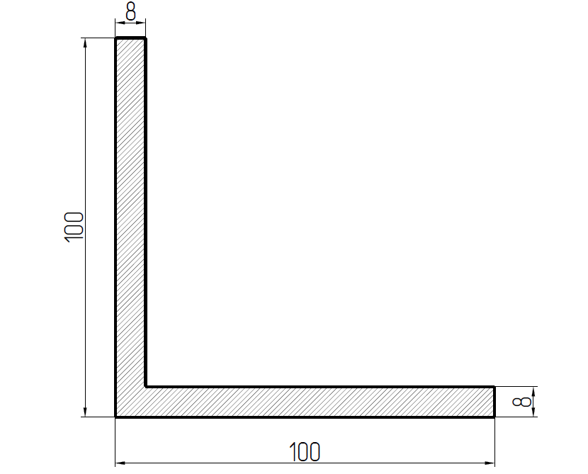 Уголок 100 l. Уголок 100х100х8 сечение. Уголок металлический 100х100 чертеж. Уголок 100х100х8 чертеж. Сортамент уголок 100х100х8.